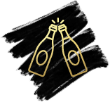 Graphic image of black square background with two gold champagne bottles clinking