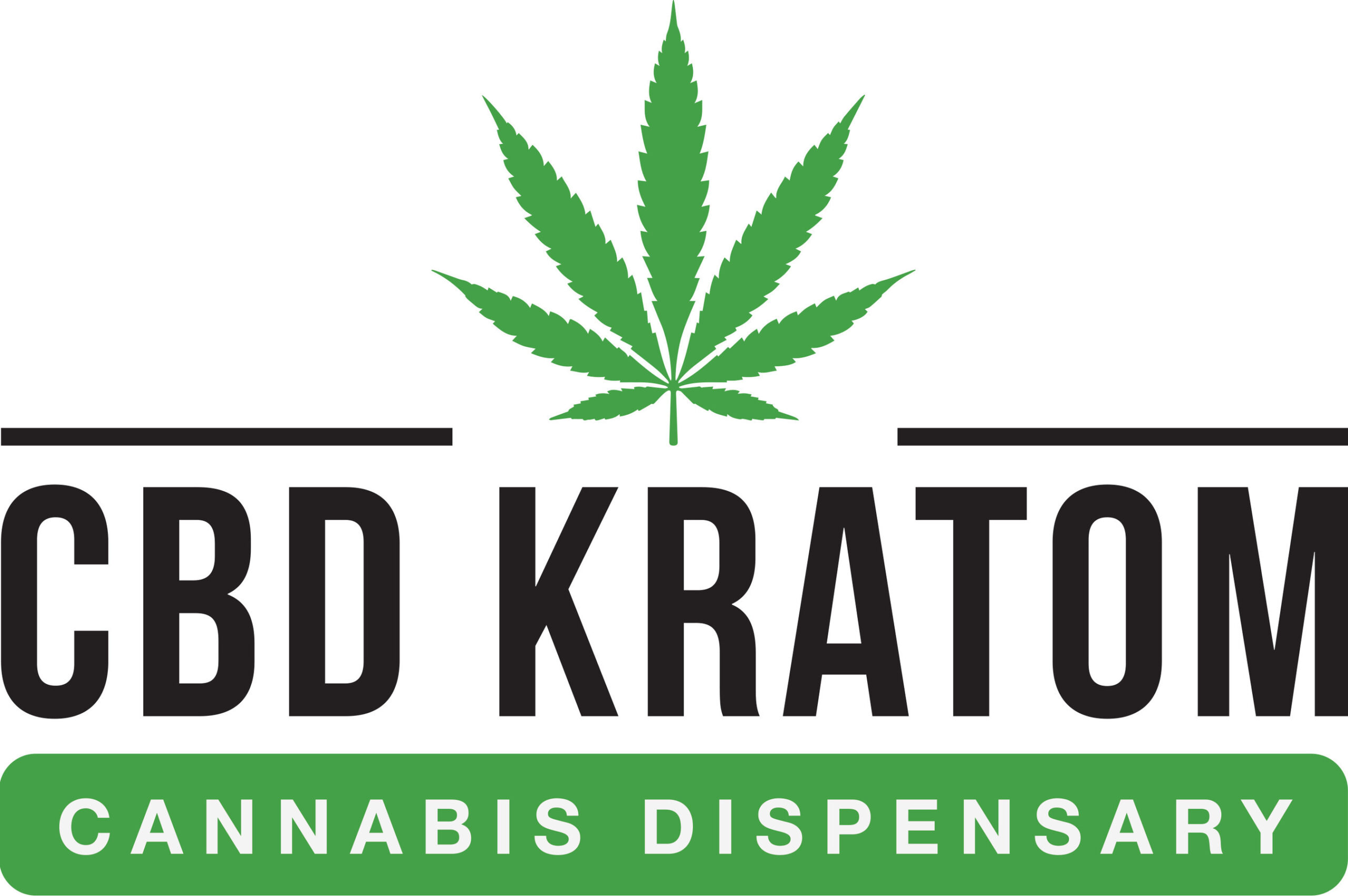CBD Kratom Cannabis Dispensary Logo With Black Text on White Background And Green Marijuana Leaf